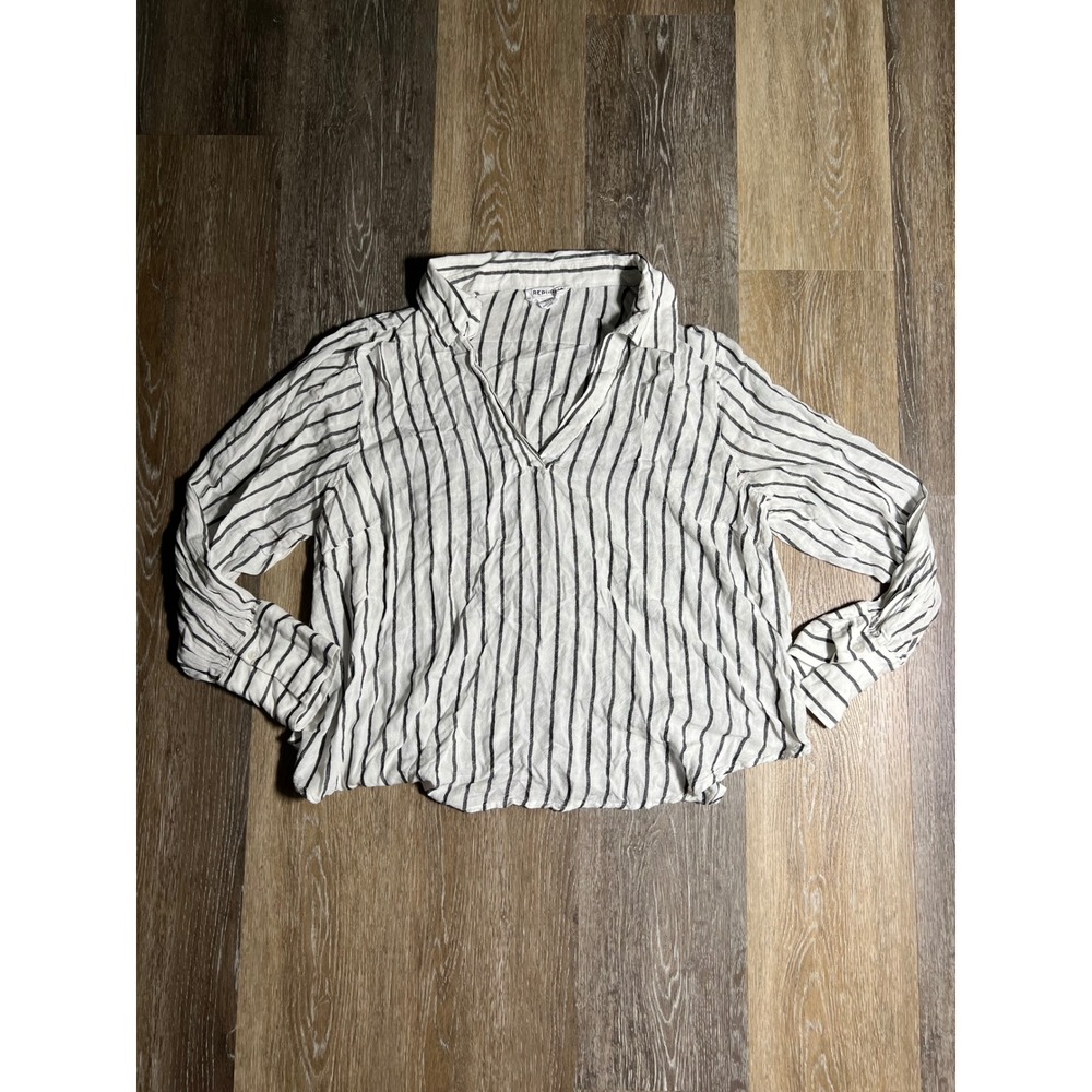 For The Republic Stripe Blouse Womens 1X White Black Excellent V-Neck Rayon Top